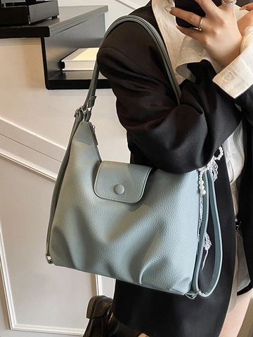 Bolso Tote de Gran Capacidad para Mujer Cuero PU Textura Lichi Moda Coreana Multiusos Bolso de Hombro Cruzado Mochila Con Colgantes de Lazo de Encaje y Perlas