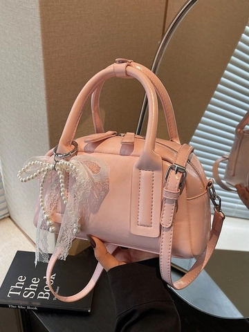 Women Fashion PU Leather Pillow Bag With Artificial Pearl Lace Bow Charm Elegant Solid Color Small Handbag Crossbody Shoulder Bag