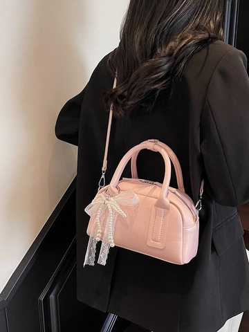 Women Fashion PU Leather Pillow Bag With Artificial Pearl Lace Bow Charm Elegant Solid Color Small Handbag Crossbody Shoulder Bag