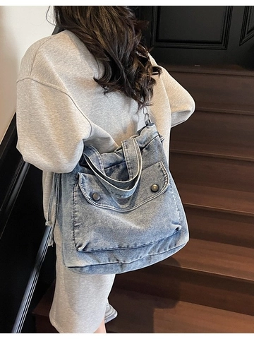 Bolso de Hombro de Denim Vintage para Mujer Gran Capacidad Tote Con Cordón Bolsillo con Solapa Casual Estilo Japonés Bandolera
