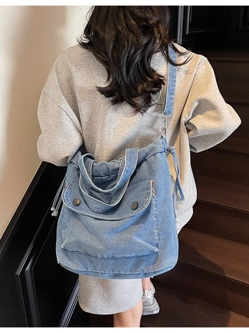 Bolso de Hombro de Denim Vintage para Mujer Gran Capacidad Tote Con Cordón Bolsillo con Solapa Casual Estilo Japonés Bandolera