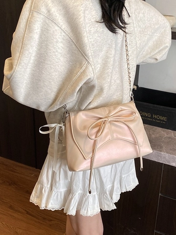Women Fashion Bow Square Crossbody Bag PU Leather Small Shoulder Bag With Chain Strap Trendy Bow Messenger Bag For Daily Dating