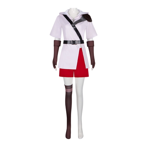 Dames Anime Stijl Cosplay Kostuum Roze Hooded Korte Mouw Top En Rode Shorts Met Riem Vingerloze Handschoenen En Sokken Outfit