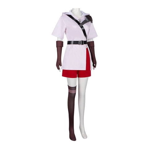 Dames Anime Stijl Cosplay Kostuum Roze Hooded Korte Mouw Top En Rode Shorts Met Riem Vingerloze Handschoenen En Sokken Outfit