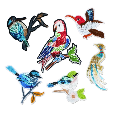 Bunte Pailletten Stickerei Vogel Aufnäher DIY Dekorative Applikationen Für Kleidung Jeans Taschen Schuhe Papagei Pfau Eisvogel Kolibri Muster Gestickte Akzente