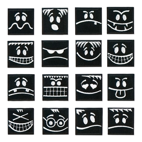 Écussons Brodés Noirs Carrés Expressions Drôles Décoration de Vêtements DIY Minimaliste Appliques Brodées à Repasser ou à Coudre