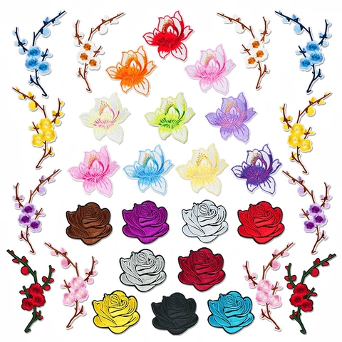 Parches Bordados Flores Rosa Loto Flor de Ciruelo DIY Decorativo Aplique Para Ropa Bolsos Chaquetas Sombreros Coser Decoración