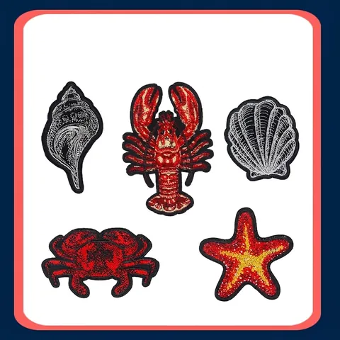 Realistic Ocean Animal Embroidery Patch Lobster Crab Starfish Shell Applique Fabric Iron On Sew On Patches For Clothing Bag DIY Decoration