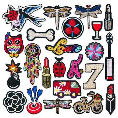 Computer Embroidered Patches For Clothing DIY Decoration Cartoon Animal Flower Lipstick Iron On Applique For Bags Shoes Hats