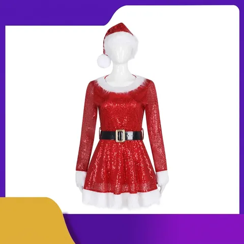 Damen Sexy Rot Pailletten Weihnachten Kleid Kostüm Mit Hut Und Gürtel Kunstfell Besatz Xmas Party Cosplay Festlich Outfit