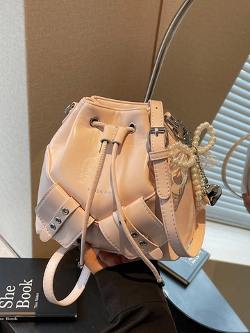Borsa Secchiello Moda Donna Pelle Sintetica Coulisse Borsa Tracolla Con Fiocco Künstliche Perle Ciondolo Pizzo Versatile Mano