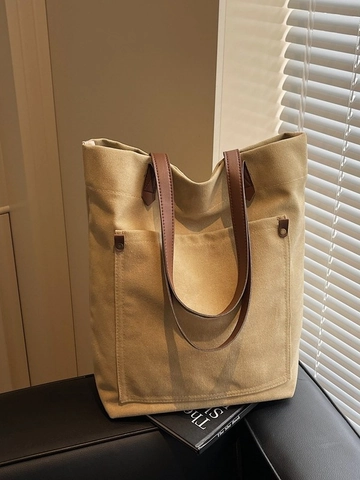 Women Large Capacity Canvas Tote Bag Vintage Casual Shoulder Bag With Leather Handle Rivet Design Student Commute Handbag