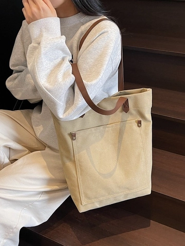 Women Large Capacity Canvas Tote Bag Vintage Casual Shoulder Bag With Leather Handle Rivet Design Student Commute Handbag