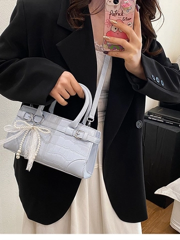 Sac À Bandoulière Seau En Cuir PU Motif Crocodile Pour Femmes Mode Nœud Papillon Künstliche Perle Dentelle Petit Sac À Main Quotidien
