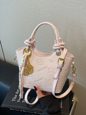 Damen PU Leder Eimertasche Cartoon Geprägte Handtasche Retro Casual Verstellbarer Riemen Umhängetasche Für Den Alltag