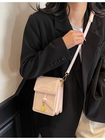Damen Minimalistische Kunstleder Kleine Quadratische Umhängetasche Vertikale Handytasche Mit Goldenem Rundem Anhänger Schultertasche