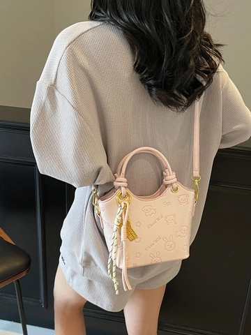 Damen PU Leder Eimertasche Cartoon Geprägte Handtasche Retro Casual Verstellbarer Riemen Umhängetasche Für Den Alltag