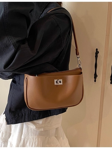 Women PU Leather Underarm Bag Minimalist Solid Color Shoulder Bag With Metal Lock Fashionable Small Square Bag For Daily Use