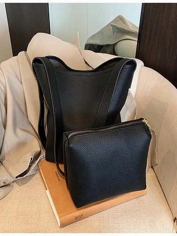 Sac Seau Minimaliste en Cuir PU Grain de Lychee pour Femmes Grande Capacité Sac à Épaule Et Pochette Quotidien Fourre-Tout
