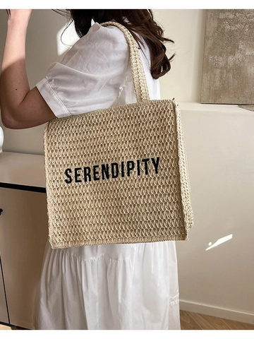 Damen Stroh Handtasche Mit Großer Kapazität Gewebte Tragetasche Mit Serendipity Buchstabendruck Reißverschluss Strand Umhängetasche