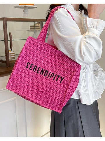 Damen Stroh Handtasche Mit Großer Kapazität Gewebte Tragetasche Mit Serendipity Buchstabendruck Reißverschluss Strand Umhängetasche