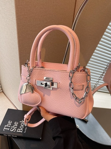 Fashion Women PU Leather Bucket Bag Chain Strap Heart Charm Lychee Grain Small Crossbody Handbag For Daily Work