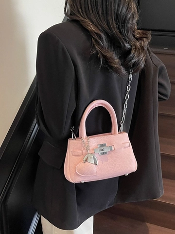 Fashion Women PU Leather Bucket Bag Chain Strap Heart Charm Lychee Grain Small Crossbody Handbag For Daily Work