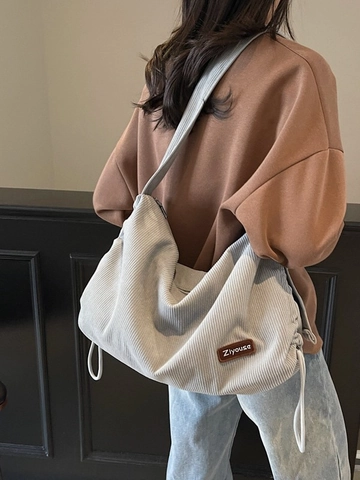 Borsa a Tracolla in Velluto a Coste da Donna Grande Capacità Hobo Casual Con Coulisse E Patch in Pelle Per Pendolarismo
