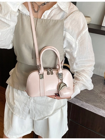 Borsa a Mano Boston in Pelle PU Lucida da Donna Mini Borsa a Tracolla a Conchiglia Con Ciondolo a Cuore Piccola