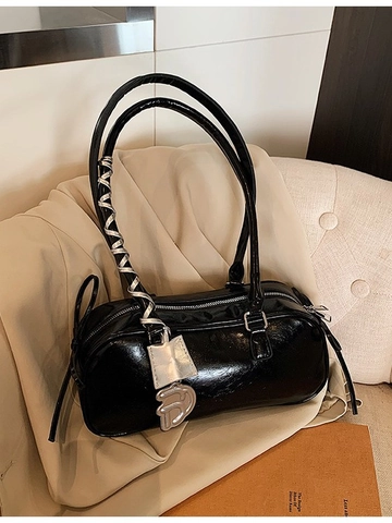 Damen Trendy PU Leder Baguette Schultertasche Metallic Spiralgriff Schleife Detail Unterarmtasche Große Kapazität Tasche