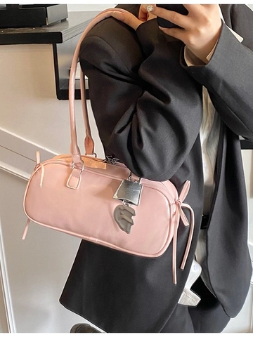 Damen Trendy PU Leder Baguette Schultertasche Metallic Spiralgriff Schleife Detail Unterarmtasche Große Kapazität Tasche