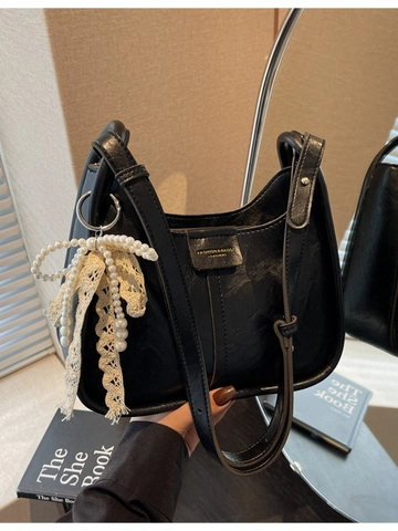 Women Fashion PU Leather Crossbody Hobo Bag With Artificial Pearl Lace Bow Charm Vintage Solid Color Shoulder Bucket Bag