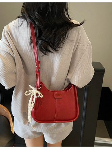 Women Fashion PU Leather Crossbody Hobo Bag With Artificial Pearl Lace Bow Charm Vintage Solid Color Shoulder Bucket Bag