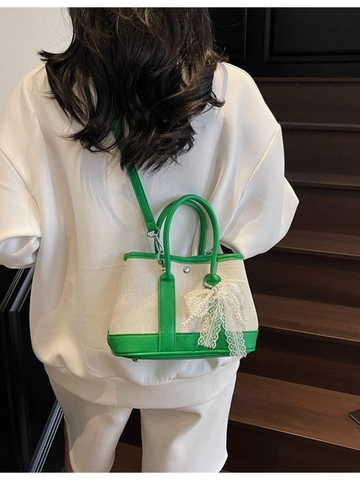 Μόδα Γυναικεία Τσάντα Mini Tote από Καμβά και Δέρμα PU με Χρώμα Αντίθεσης Με Δαντελένιο Φιόγκο και Μαργαριτάρια Τσάντα Ώμου