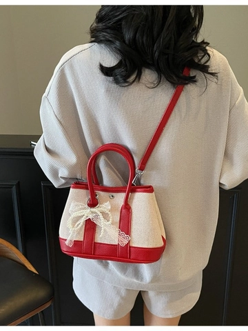 Μόδα Γυναικεία Τσάντα Mini Tote από Καμβά και Δέρμα PU με Χρώμα Αντίθεσης Με Δαντελένιο Φιόγκο και Μαργαριτάρια Τσάντα Ώμου