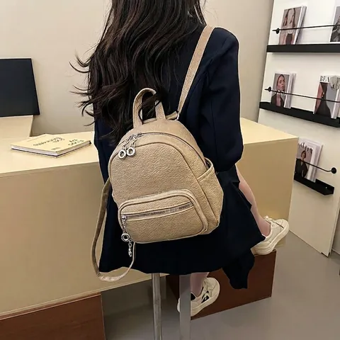 Dames Retro Kleine Rugzak Met Lychee Patroon PU Leer Mode Minimalistisch Student Reistas Zilveren Hardware Multi Pocket Tas