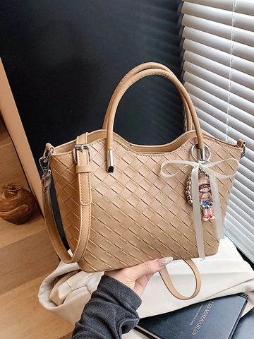 Women Woven PU Leather Bucket Bag Diamond Lattice Top Handle Shoulder Bag With Adjustable Strap Cartoon Girl Pendant