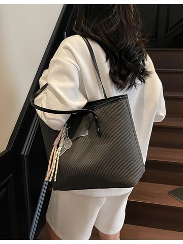 Large Capacity Women Tote Bag PU Leather Woven Texture Shoulder Bag Contrast Color Commuting Handbag With Tassel Pendant