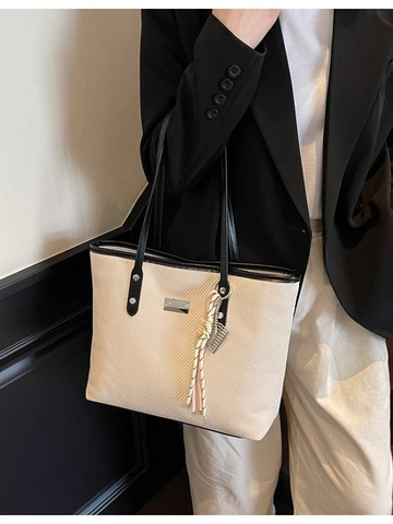 Large Capacity Women Tote Bag PU Leather Woven Texture Shoulder Bag Contrast Color Commuting Handbag With Tassel Pendant