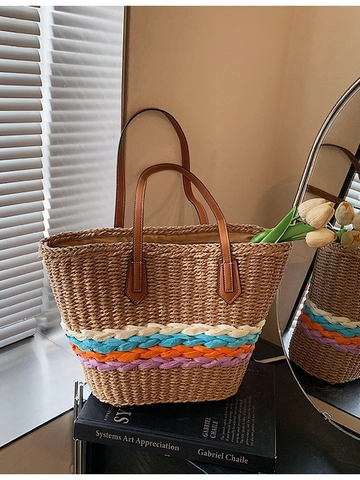 Sac Fourre-tout en Paille Tissé à la Main Rayures Color Block Sac à Épaule de Plage Été Grande Capacité Style Vacances Femme