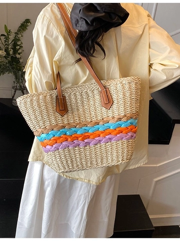 Sac Fourre-tout en Paille Tissé à la Main Rayures Color Block Sac à Épaule de Plage Été Grande Capacité Style Vacances Femme