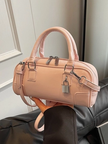 Women Fashion PU Leather Boston Bag With Silver Padlock Decor Double Handles Detachable Strap Casual Crossbody Bag
