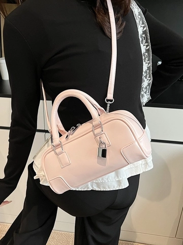 Women Fashion PU Leather Boston Bag With Silver Padlock Decor Double Handles Detachable Strap Casual Crossbody Bag
