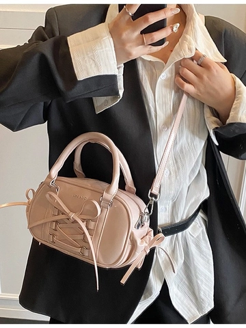 Borsa Boston da Donna in Pelle PU con Fiocco Dolce Borsa a Mano Stringata Versatile Borsa a Tracolla per Appuntamento Quotidiano