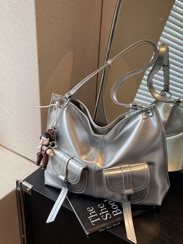 Sac Cabas en Similicuir PU Brillant de Grande Capacité pour Femmes Sac Bandoulière Mode Sac à Épaule Doubles Poches Avant Sac à Main Banlieue Versatile