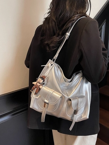 Sac Cabas en Similicuir PU Brillant de Grande Capacité pour Femmes Sac Bandoulière Mode Sac à Épaule Doubles Poches Avant Sac à Main Banlieue Versatile