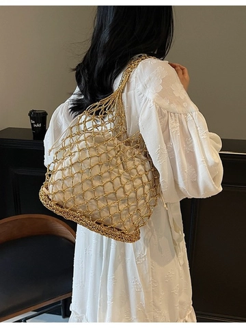 Damen Metallic Gewebte Handtasche Mit Kordelzug Canvas Innentasche Handgefertigt Gold Silber Hohl Gitter Strand Tote Fashion Schultertasche