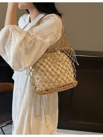 Damen Metallic Gewebte Handtasche Mit Kordelzug Canvas Innentasche Handgefertigt Gold Silber Hohl Gitter Strand Tote Fashion Schultertasche
