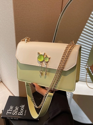 Bolso Bandolera de Moda para Mujer con Bloques de Color Cuero de PU Bolso Cuadrado Pequeño Colgante de Gato Cadena de Metal Brillo Diario