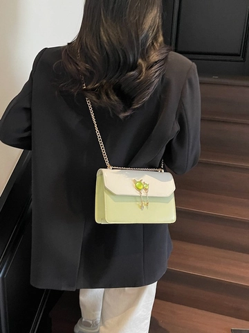 Bolso Bandolera de Moda para Mujer con Bloques de Color Cuero de PU Bolso Cuadrado Pequeño Colgante de Gato Cadena de Metal Brillo Diario
